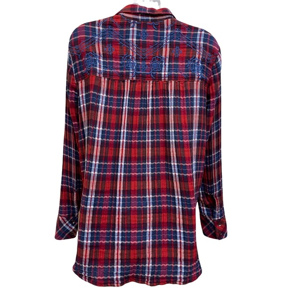 Free People Magical Plaid Shirt Red and Blue Embroidered Button Down Blouse S - Picture 11 of 14